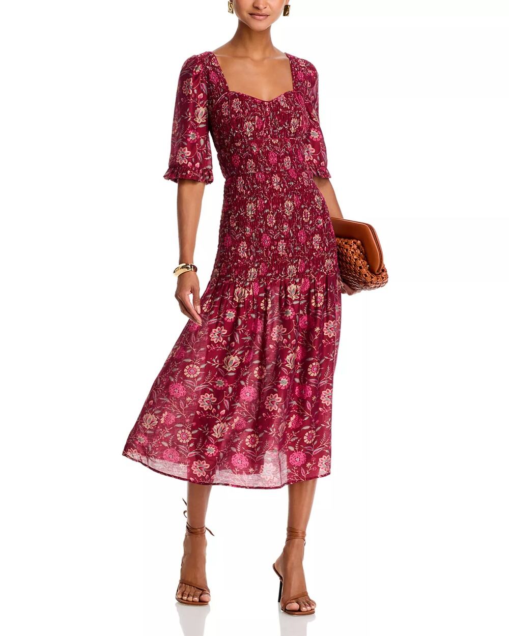 Sea New York Famke Floral Heart Neck Smocked Midi Dress Magenta Size 0
